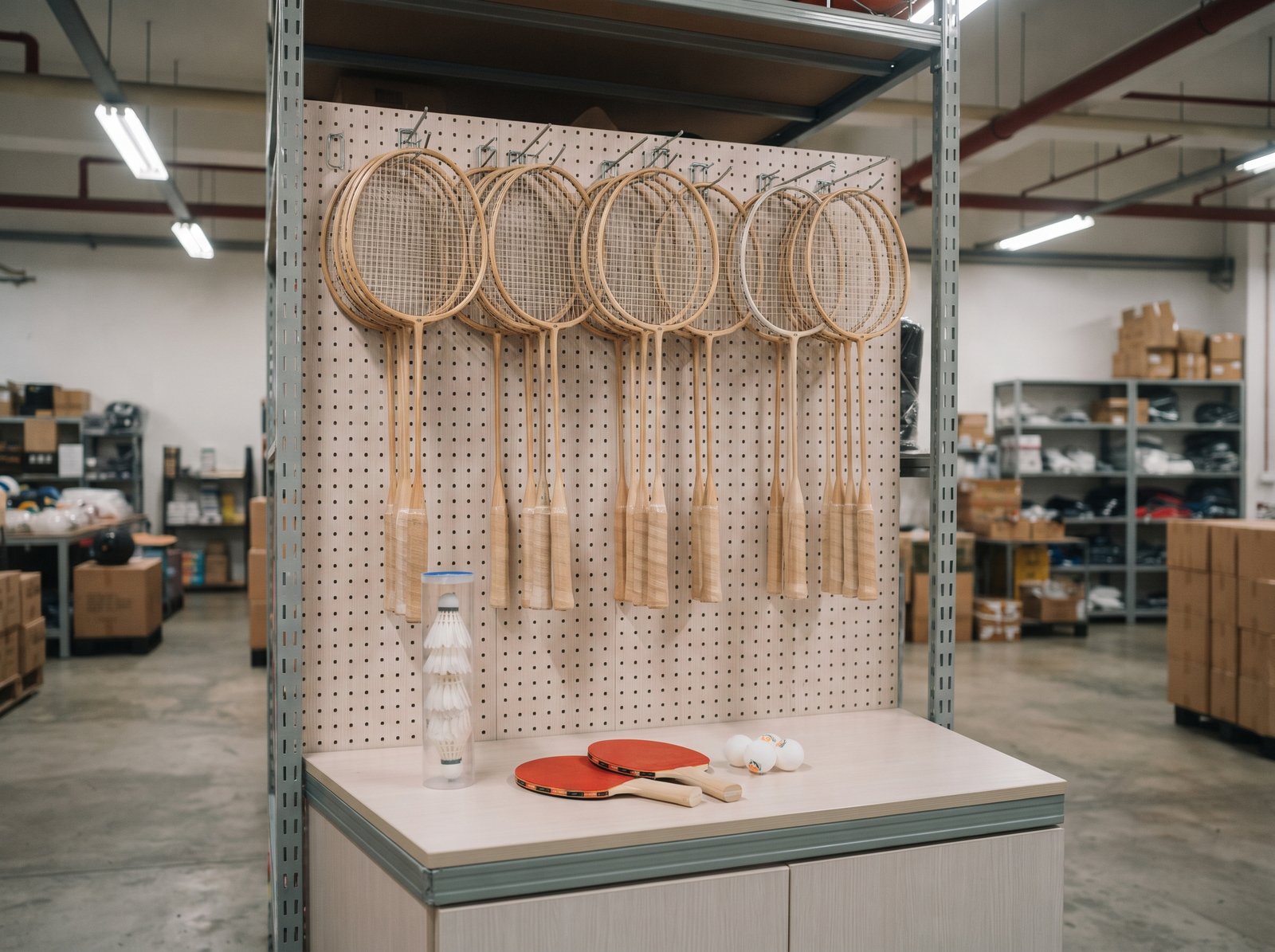 Badminton racquets and shuttlecocks displayed in a Singapore wholesale store
