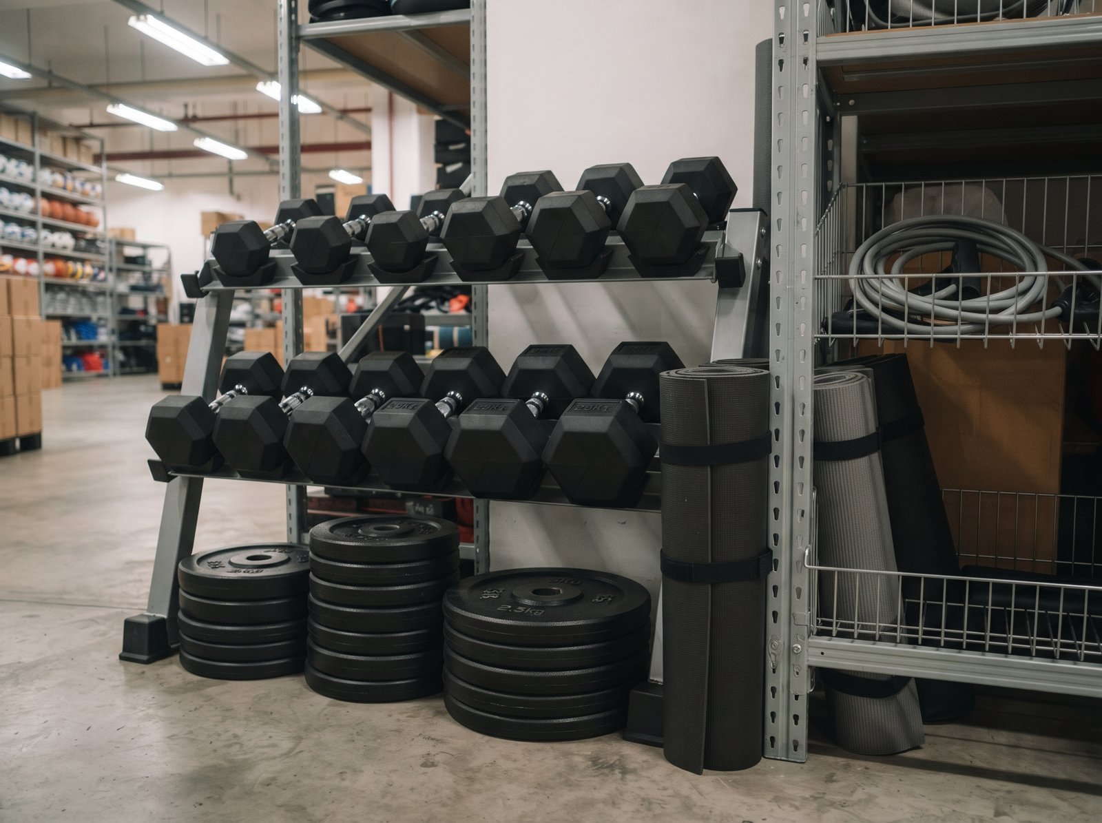 Dumbbells, weight plates and yoga mats stacked in a Singapore fitness equipment warehouse