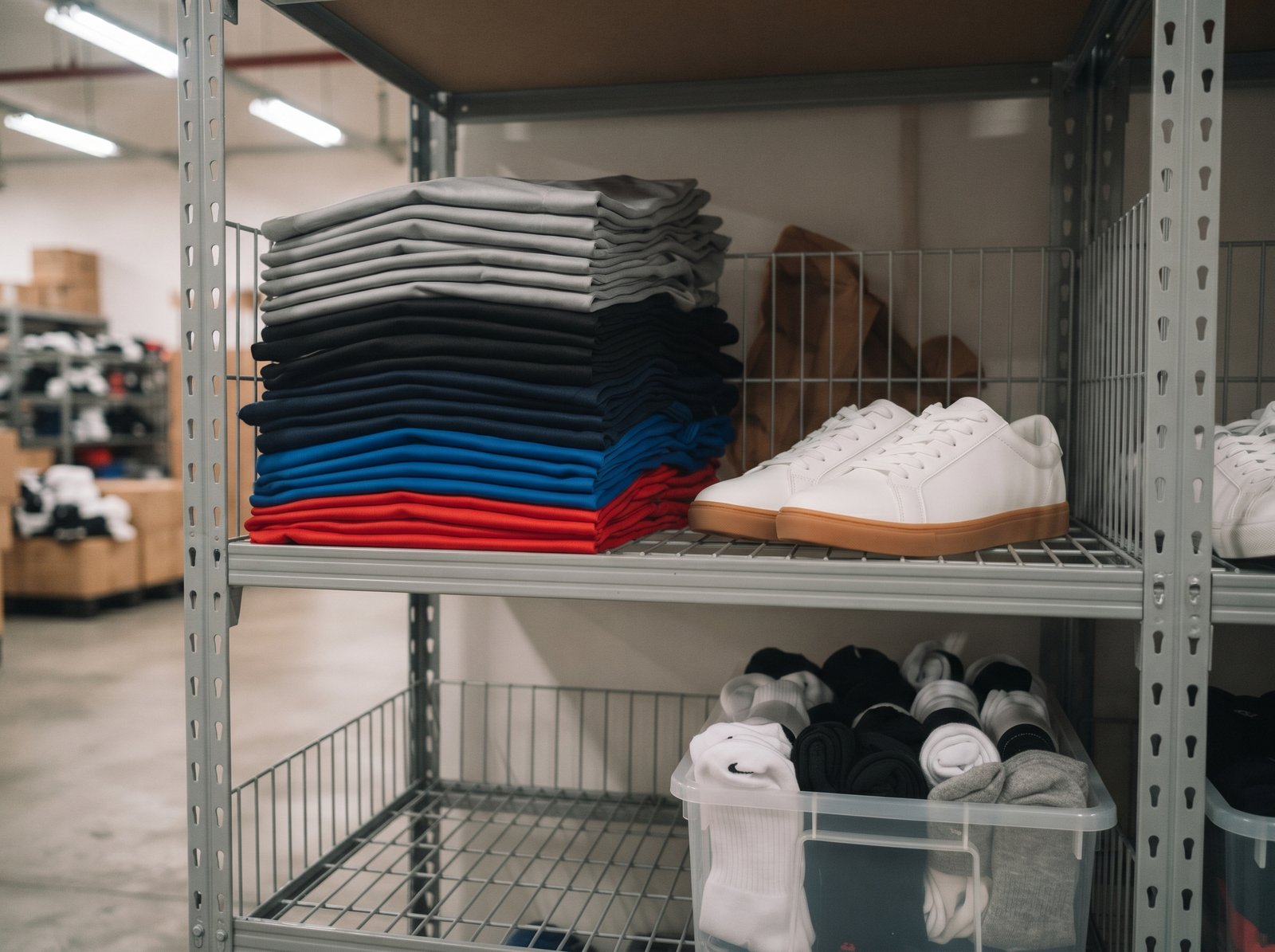 Folded dri-fit jerseys and training shoes on shelves in a Singapore sportswear warehouse