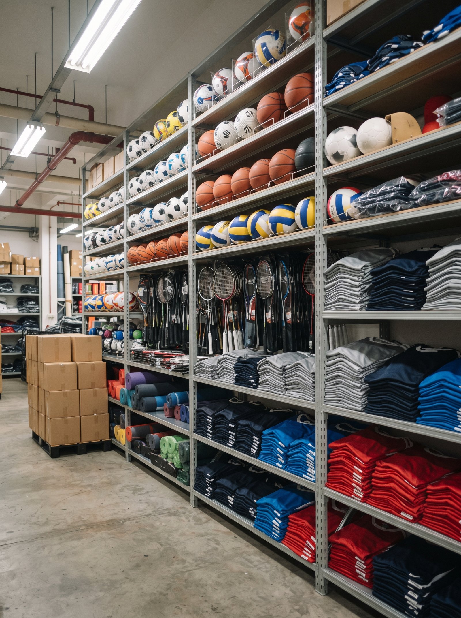 Wall of stocked sporting goods at a Singapore wholesale warehouse